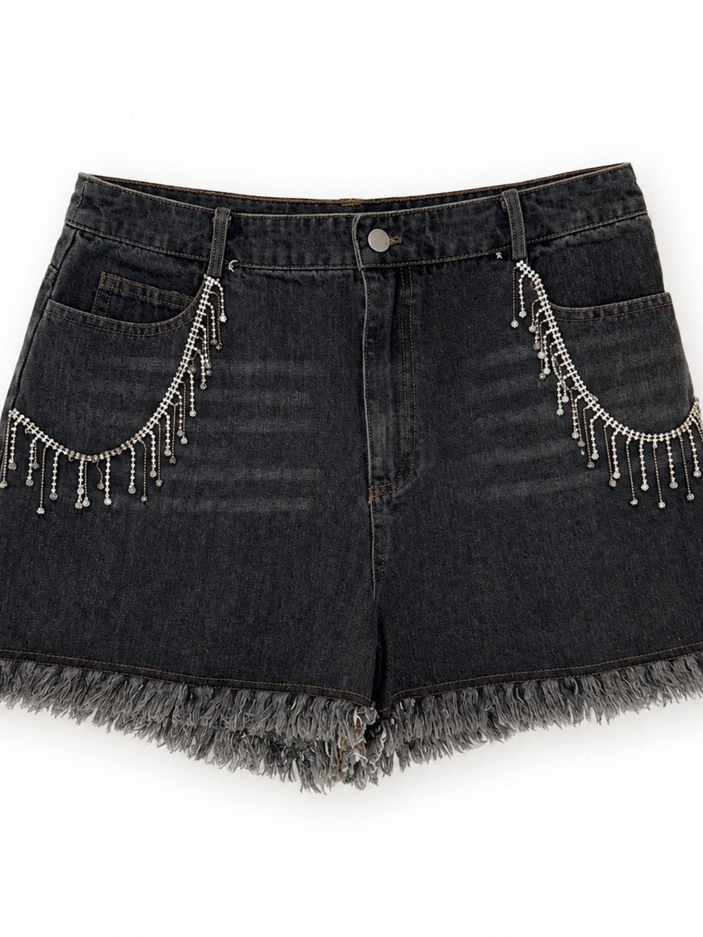 Pink Lily Rhinestone Fringe Black Denim Shorts Size L